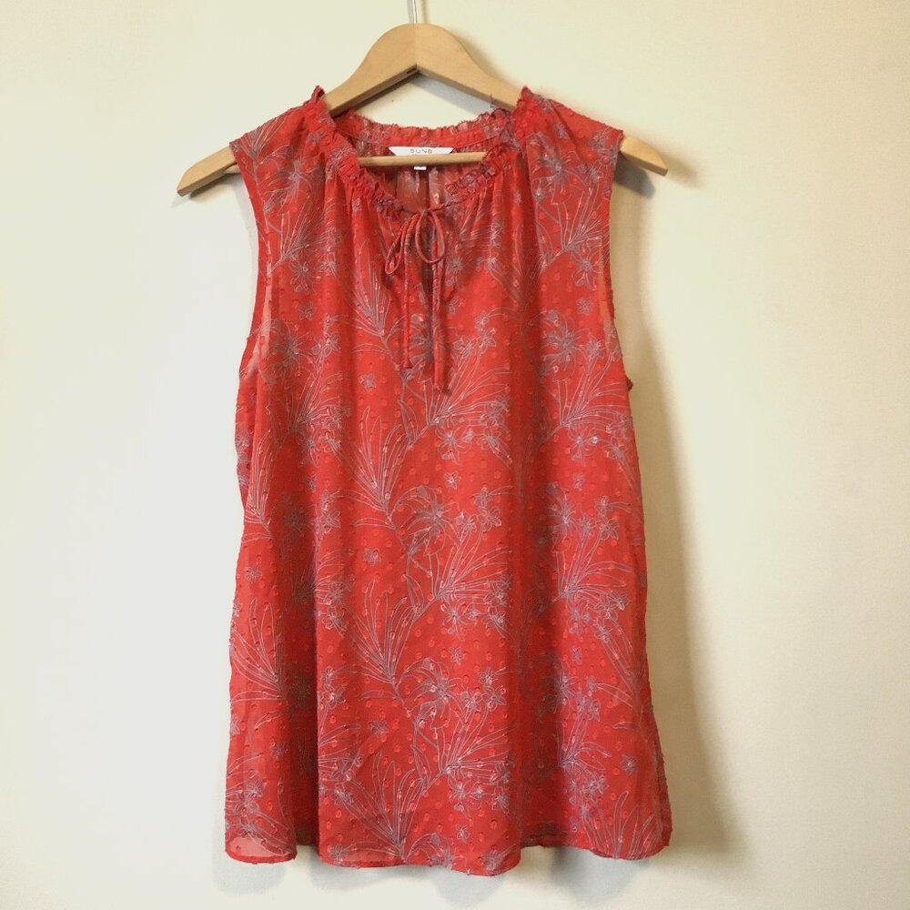 Alfred Sung Orange Grey Floral Voile Tie Front Blouse Large